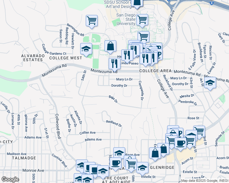 map of restaurants, bars, coffee shops, grocery stores, and more near 5531 Dorothy Drive in San Diego