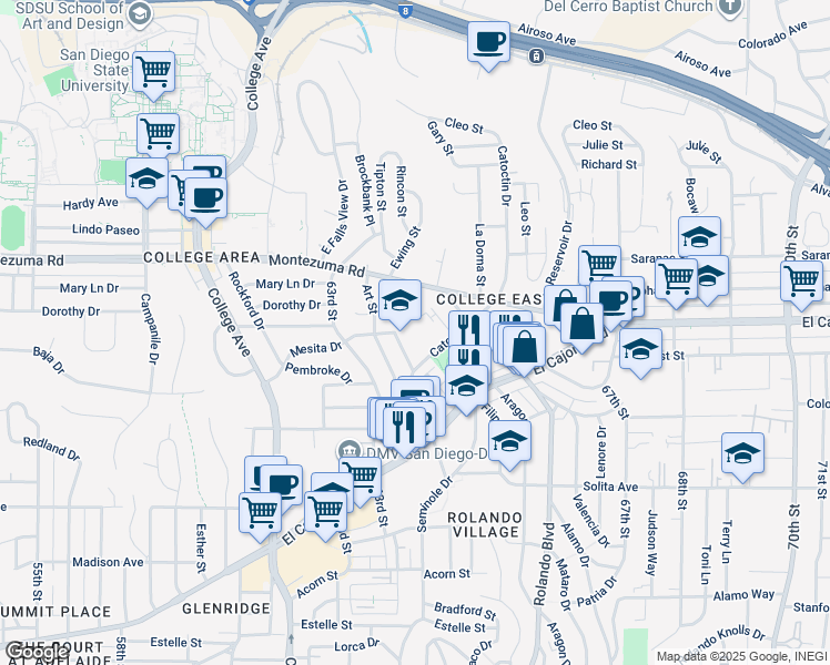 map of restaurants, bars, coffee shops, grocery stores, and more near 4961 64th Street in San Diego
