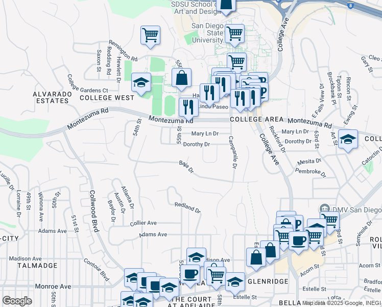 map of restaurants, bars, coffee shops, grocery stores, and more near 5531 Dorothy Drive in San Diego