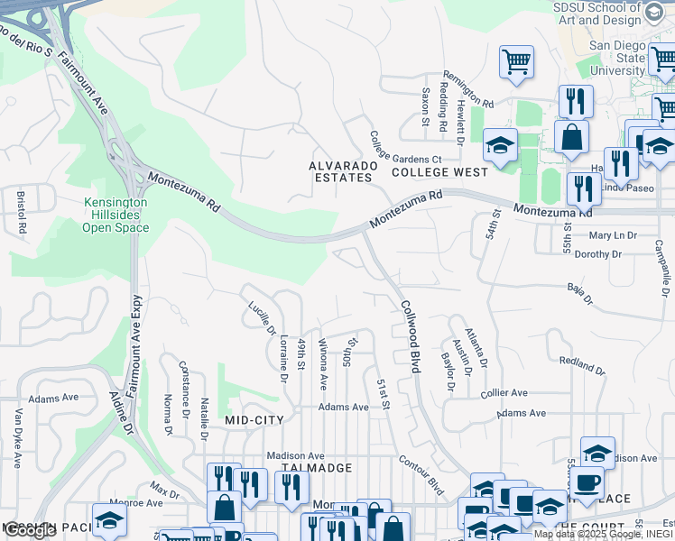 map of restaurants, bars, coffee shops, grocery stores, and more near 57 Collwood Way in San Diego