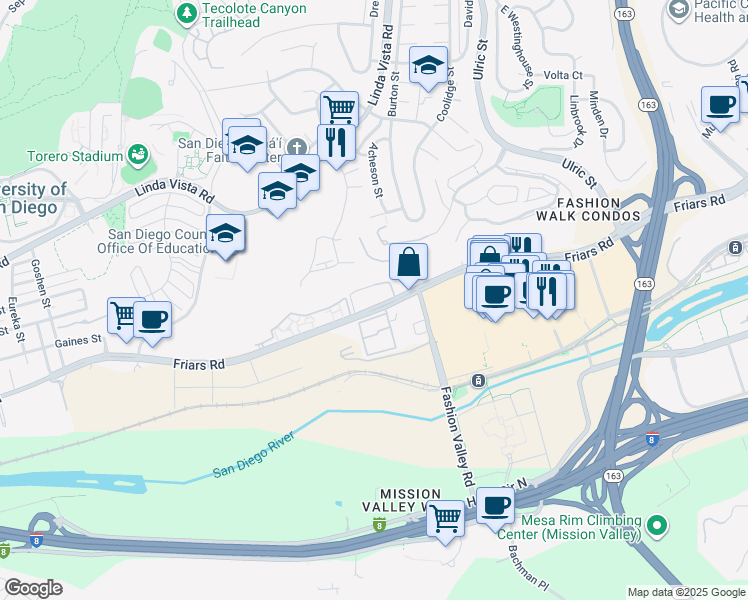 map of restaurants, bars, coffee shops, grocery stores, and more near 6780 Friars Road in San Diego