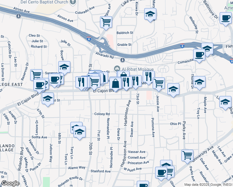 map of restaurants, bars, coffee shops, grocery stores, and more near 7166 El Cajon Boulevard in San Diego