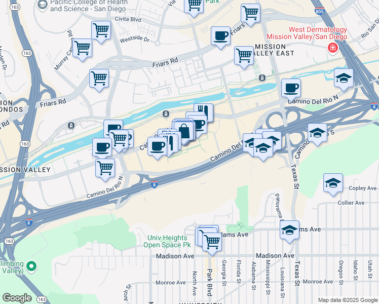 map of restaurants, bars, coffee shops, grocery stores, and more near 1646 Camino De La Reina in San Diego