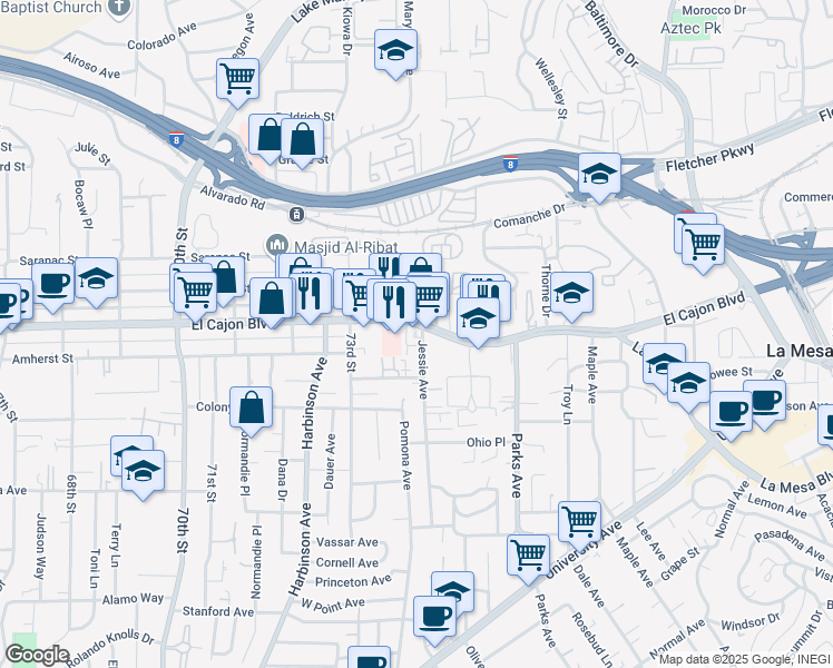map of restaurants, bars, coffee shops, grocery stores, and more near 7410 El Cajon Boulevard in La Mesa