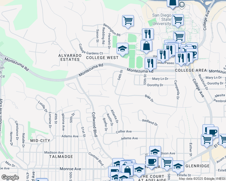 map of restaurants, bars, coffee shops, grocery stores, and more near 5014 Faber Way in San Diego