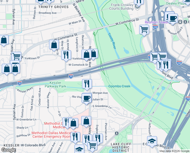 map of restaurants, bars, coffee shops, grocery stores, and more near 2022 North Beckley Avenue in Dallas