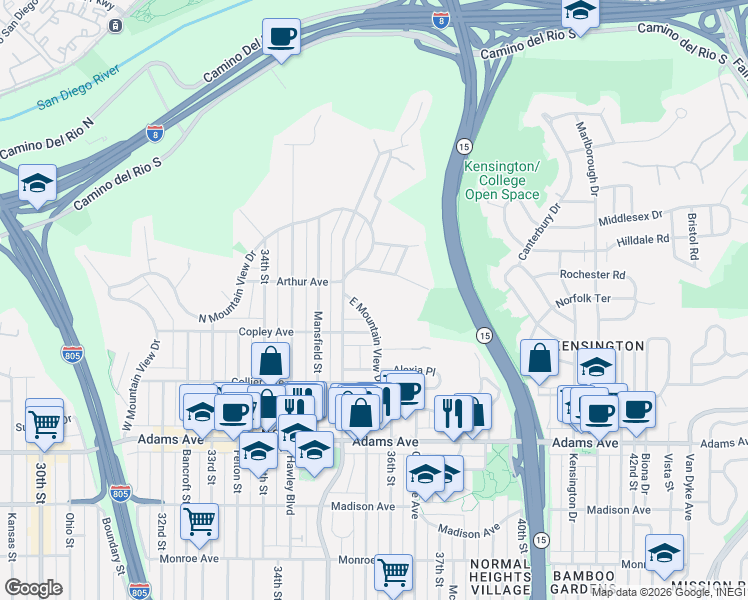 map of restaurants, bars, coffee shops, grocery stores, and more near 4961 East Mountain View Drive in San Diego