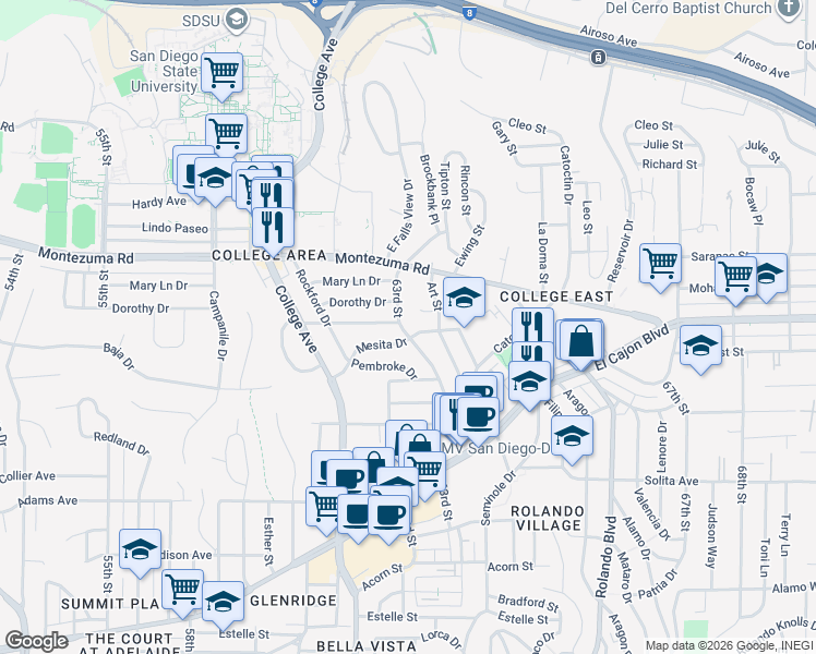 map of restaurants, bars, coffee shops, grocery stores, and more near 5011 63rd Street in San Diego