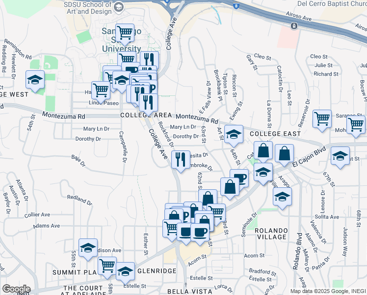map of restaurants, bars, coffee shops, grocery stores, and more near 6205 Dorothy Drive in San Diego