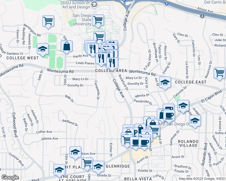 map of restaurants, bars, coffee shops, grocery stores, and more near 5020 College Avenue in San Diego