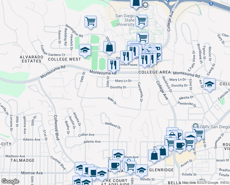 map of restaurants, bars, coffee shops, grocery stores, and more near 5531 Dorothy Drive in San Diego