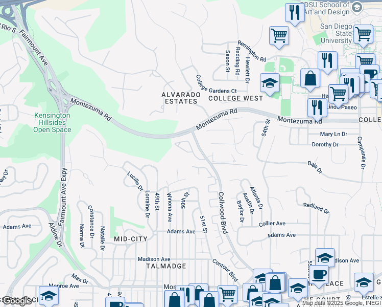 map of restaurants, bars, coffee shops, grocery stores, and more near 13 Collwood Way in San Diego