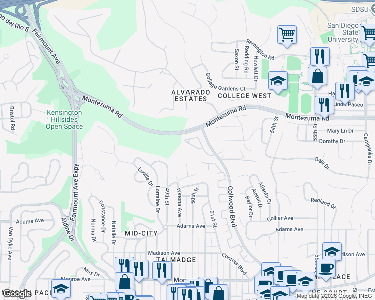 map of restaurants, bars, coffee shops, grocery stores, and more near 57 Collwood Way in San Diego