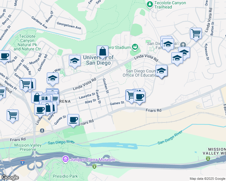 map of restaurants, bars, coffee shops, grocery stores, and more near 1273 Goshen Street in San Diego
