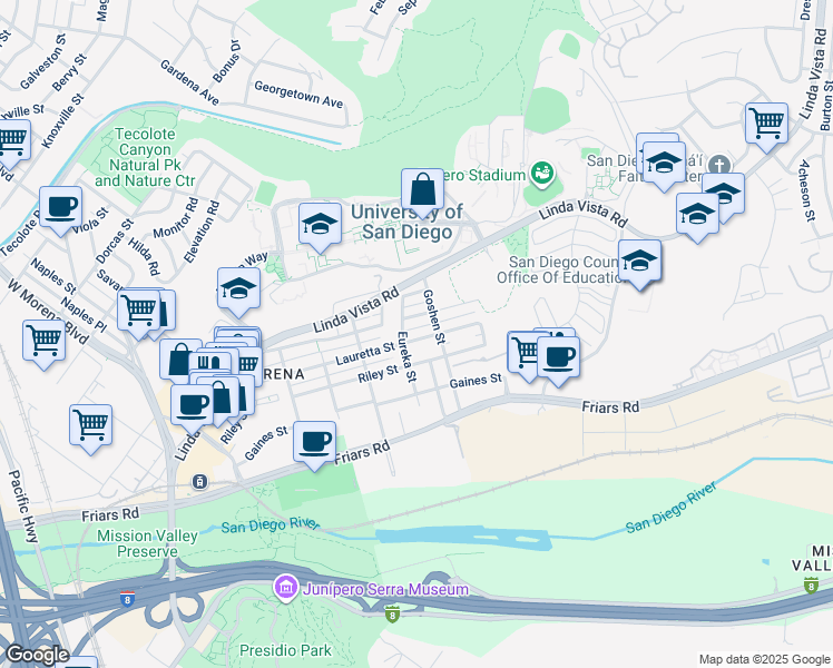 map of restaurants, bars, coffee shops, grocery stores, and more near 5800 Mildred Street in San Diego