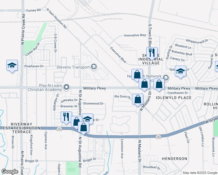 map of restaurants, bars, coffee shops, grocery stores, and more near 9909 Military Parkway in Dallas