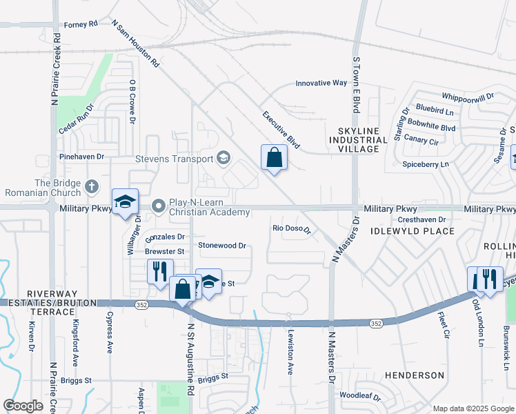 map of restaurants, bars, coffee shops, grocery stores, and more near 9909 Military Parkway in Dallas