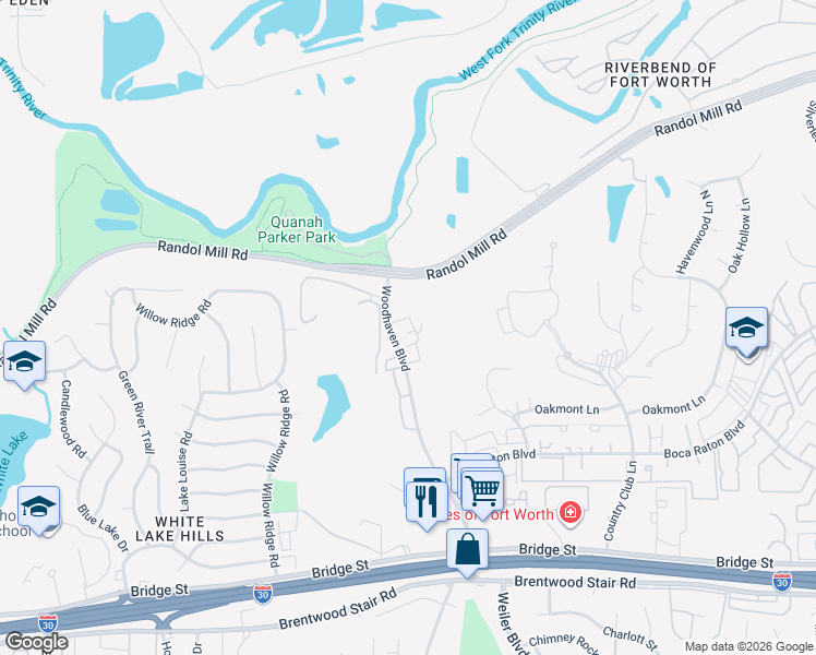 map of restaurants, bars, coffee shops, grocery stores, and more near 190 Shady Lane Drive in Fort Worth