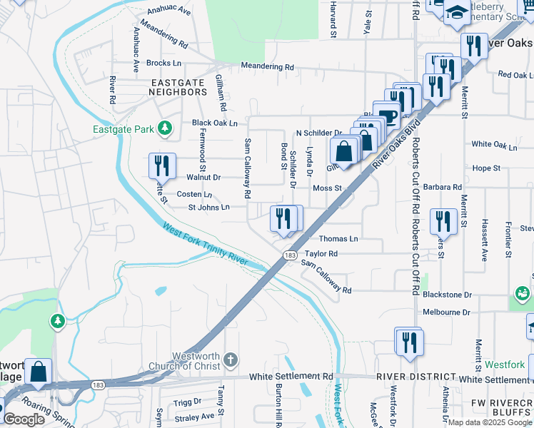 map of restaurants, bars, coffee shops, grocery stores, and more near 5840 North Calloway Drive in Fort Worth