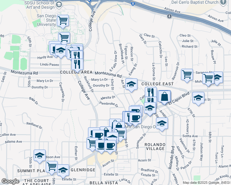 map of restaurants, bars, coffee shops, grocery stores, and more near 5011 63rd Street in San Diego