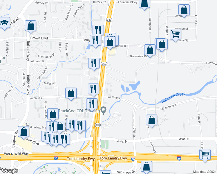 map of restaurants, bars, coffee shops, grocery stores, and more near 548 East Avenue J in Grand Prairie