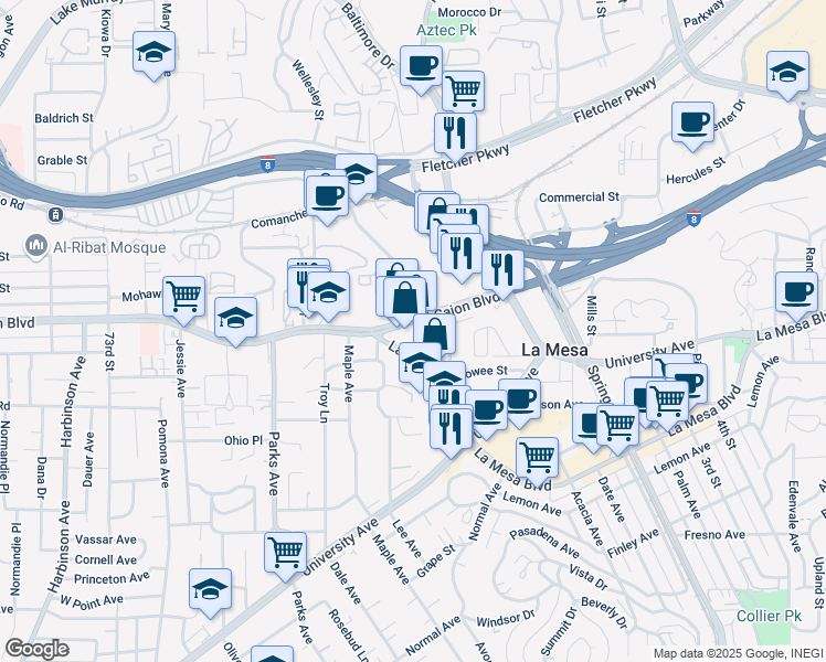 map of restaurants, bars, coffee shops, grocery stores, and more near 7860 El Cajon Boulevard in La Mesa