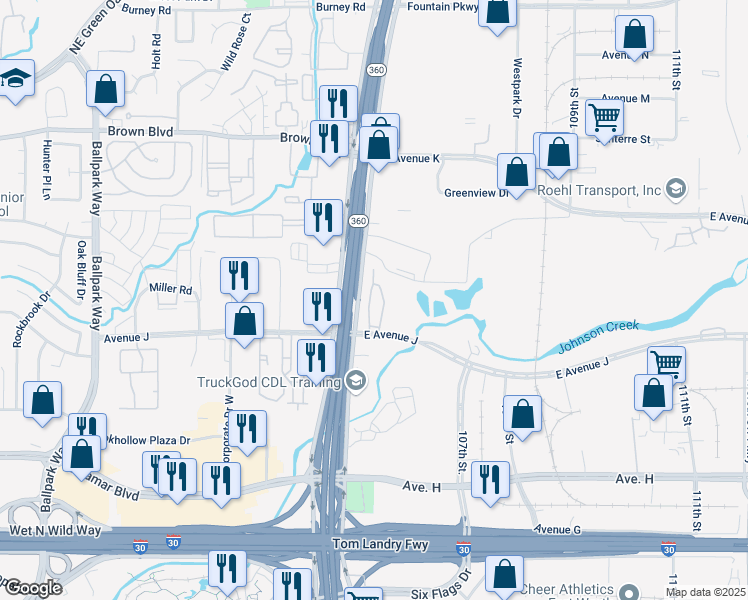 map of restaurants, bars, coffee shops, grocery stores, and more near 554 East Avenue J Street in Grand Prairie