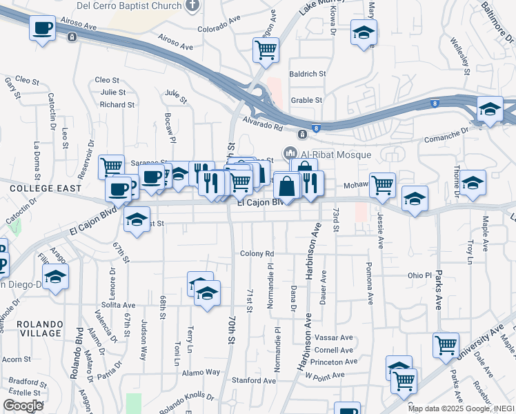 map of restaurants, bars, coffee shops, grocery stores, and more near 7090 El Cajon Boulevard in San Diego