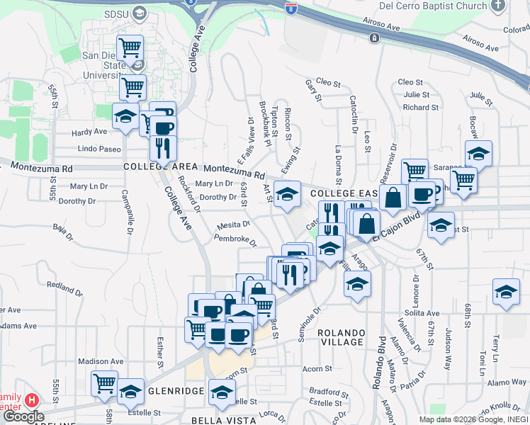 map of restaurants, bars, coffee shops, grocery stores, and more near 5027 Art Street in San Diego