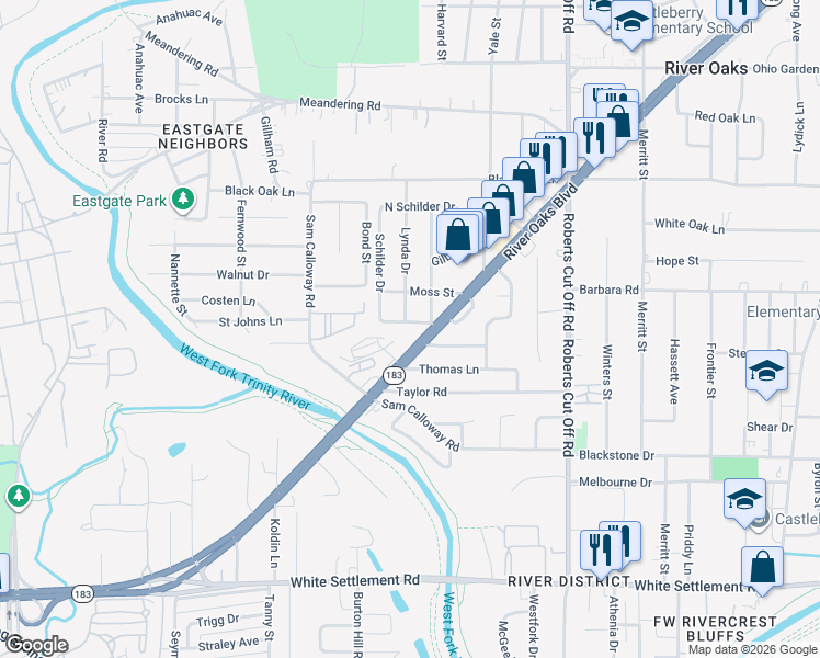 map of restaurants, bars, coffee shops, grocery stores, and more near 5612 South Schilder Drive in River Oaks