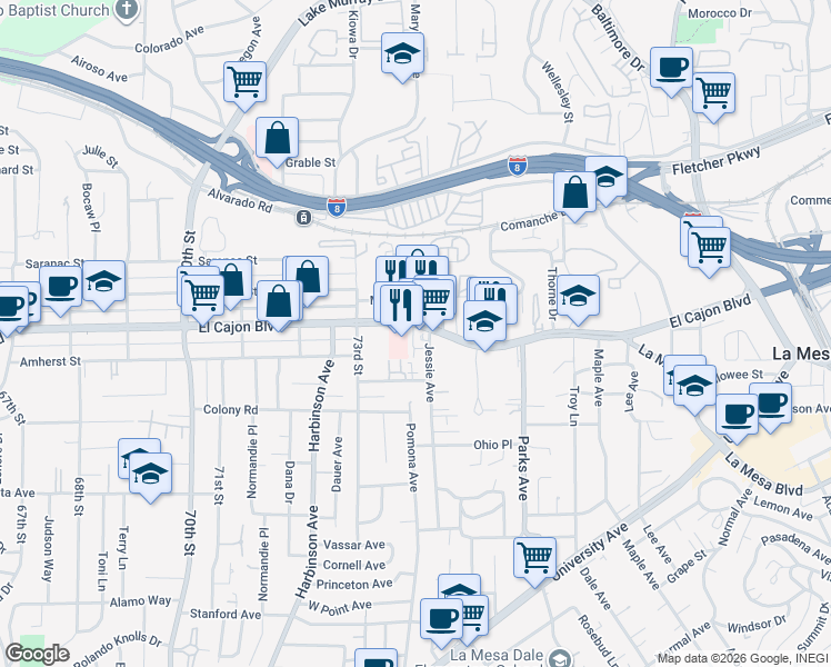 map of restaurants, bars, coffee shops, grocery stores, and more near 7377 El Cajon Boulevard in La Mesa