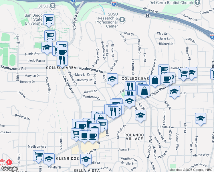 map of restaurants, bars, coffee shops, grocery stores, and more near 5027 Art Street in San Diego