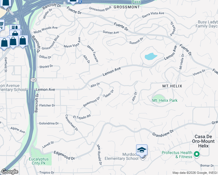map of restaurants, bars, coffee shops, grocery stores, and more near 9580 Alto Drive in La Mesa