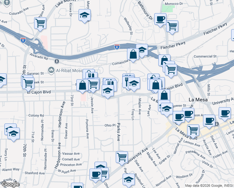 map of restaurants, bars, coffee shops, grocery stores, and more near 7590 El Cajon Boulevard in La Mesa