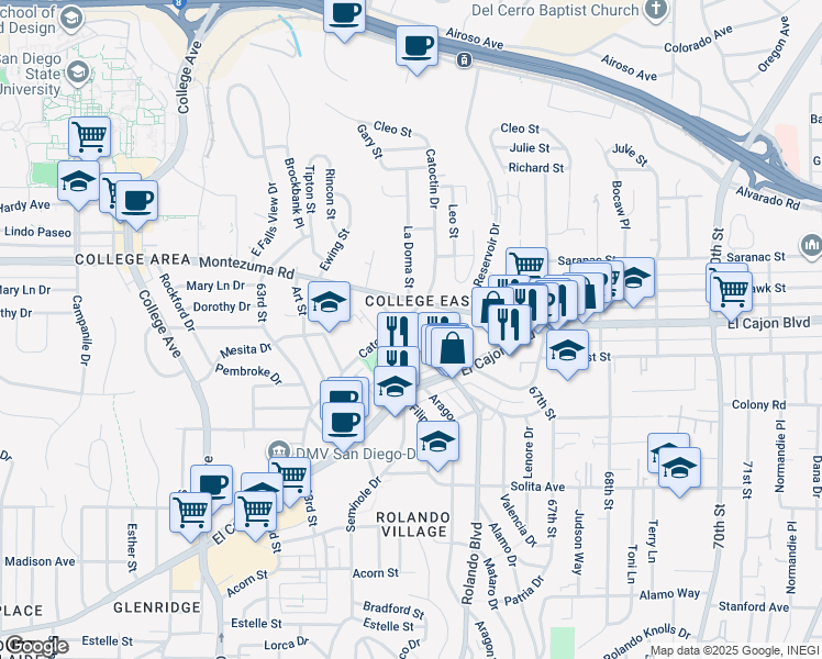 map of restaurants, bars, coffee shops, grocery stores, and more near 4981 Catoctin Drive in San Diego