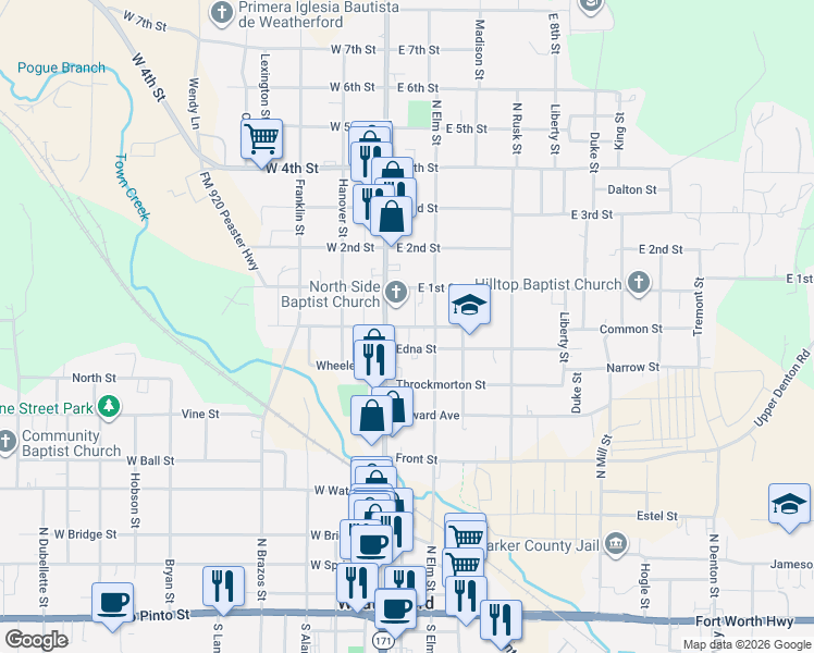 map of restaurants, bars, coffee shops, grocery stores, and more near 901 North Main Street in Weatherford