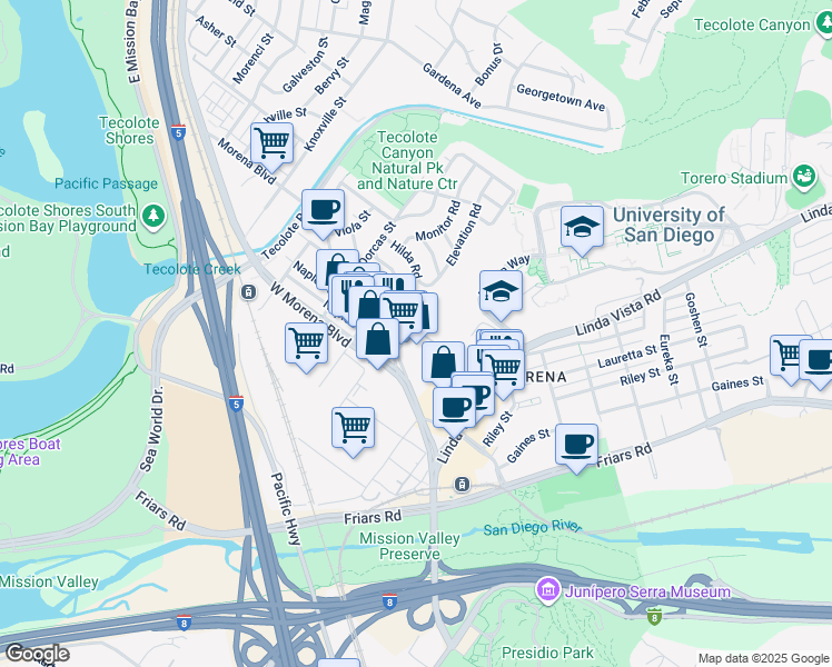map of restaurants, bars, coffee shops, grocery stores, and more near 1239 Cushman Avenue in San Diego