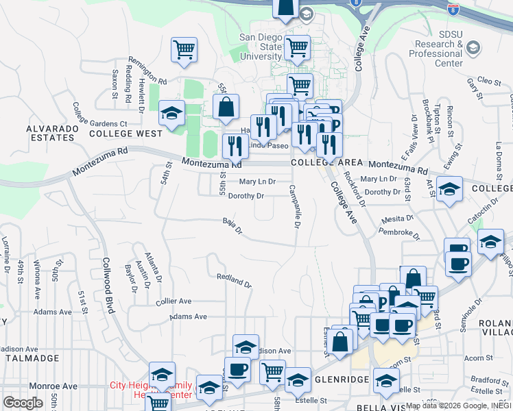 map of restaurants, bars, coffee shops, grocery stores, and more near 5628 Dorothy Drive in San Diego