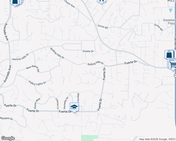 map of restaurants, bars, coffee shops, grocery stores, and more near 11423 Rolling Hills Drive in El Cajon