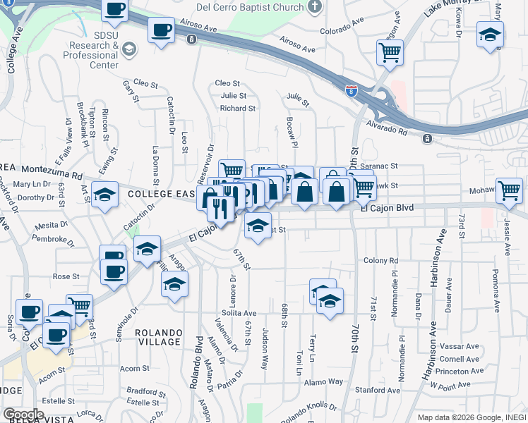 map of restaurants, bars, coffee shops, grocery stores, and more near 6766 El Cajon Boulevard in San Diego