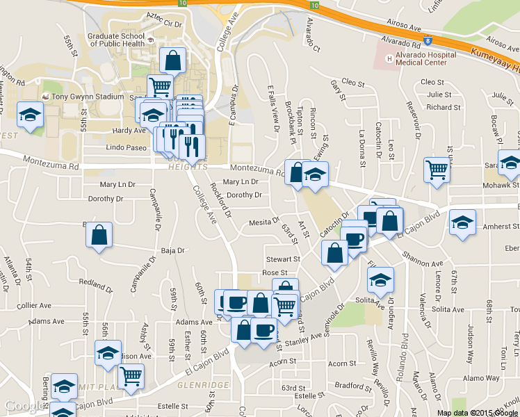 map of restaurants, bars, coffee shops, grocery stores, and more near 6205 Dorothy Drive in San Diego