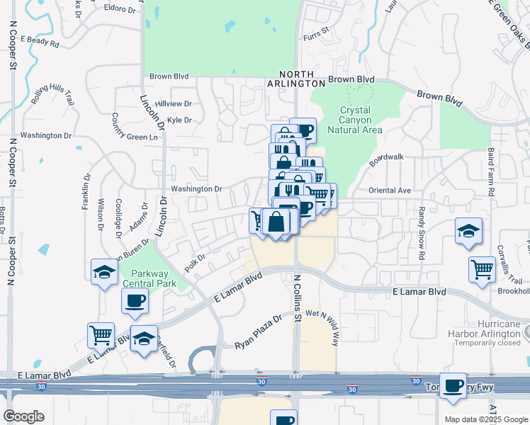 map of restaurants, bars, coffee shops, grocery stores, and more near 2121 Madison Drive in Arlington
