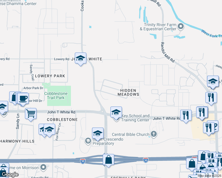 map of restaurants, bars, coffee shops, grocery stores, and more near 7936 Meadow Spring Lane in Fort Worth
