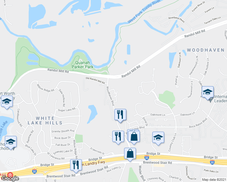 map of restaurants, bars, coffee shops, grocery stores, and more near 190 Shady Lane Drive in Fort Worth