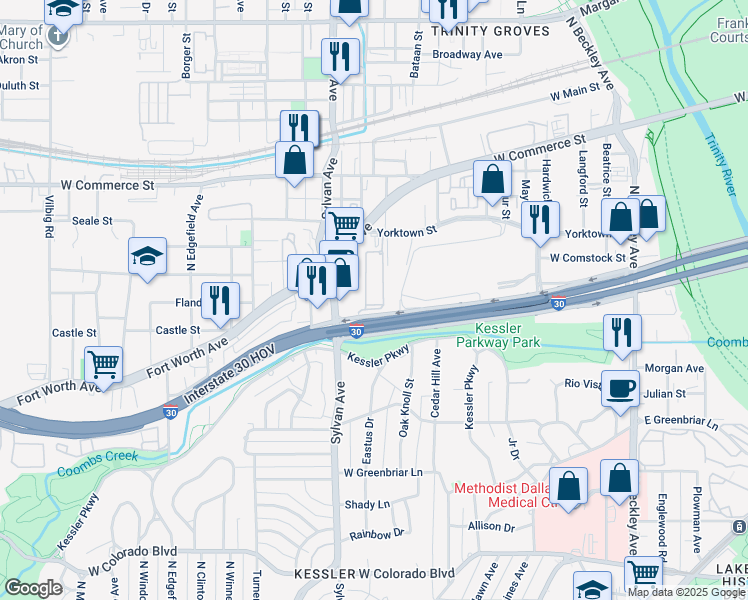 map of restaurants, bars, coffee shops, grocery stores, and more near 660 Fort Worth Avenue in Dallas