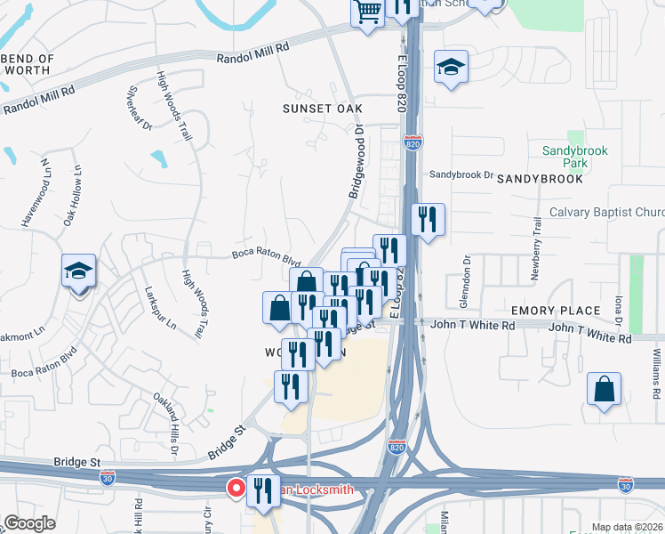 map of restaurants, bars, coffee shops, grocery stores, and more near 6501 Boca Raton Boulevard in Fort Worth