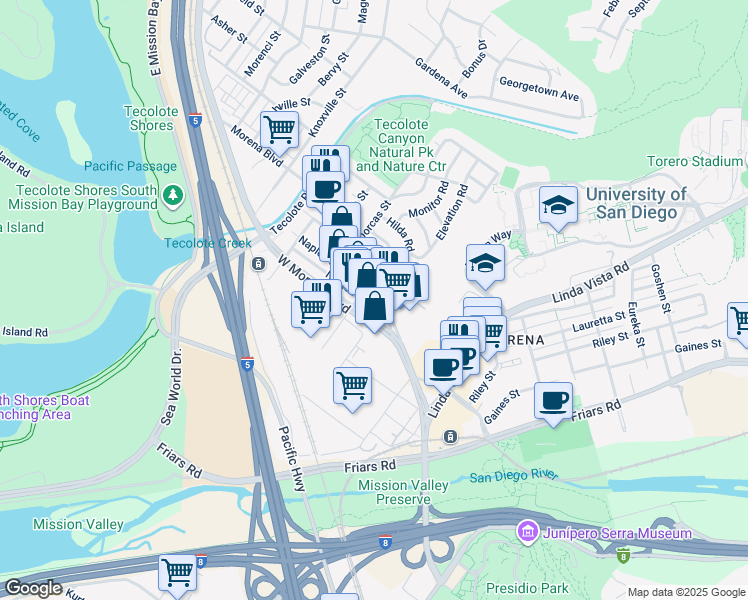 map of restaurants, bars, coffee shops, grocery stores, and more near 1103 Morena Boulevard in San Diego