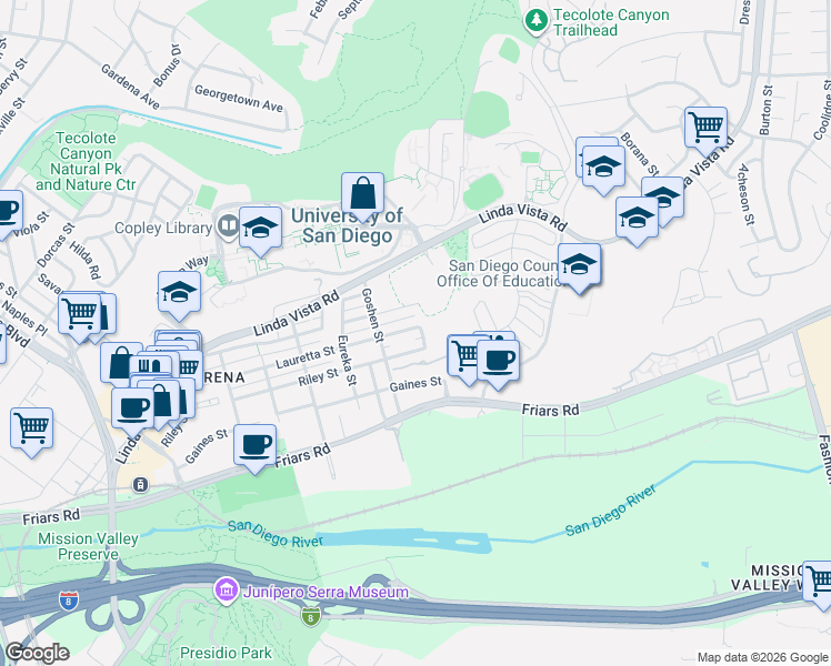 map of restaurants, bars, coffee shops, grocery stores, and more near 5978 Lauretta Street in San Diego