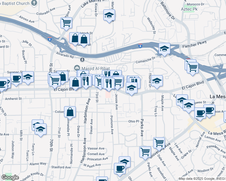 map of restaurants, bars, coffee shops, grocery stores, and more near 7410 El Cajon Boulevard in La Mesa