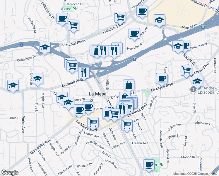 map of restaurants, bars, coffee shops, grocery stores, and more near 2 La Mesa Boulevard in La Mesa